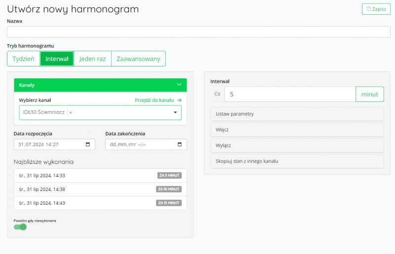 Zrzut ekranu interfejsu Supla do tworzenia harmonogramu.