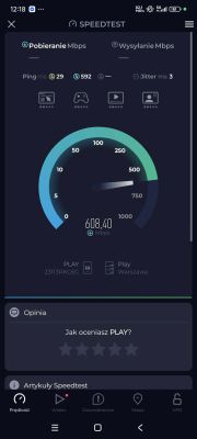 Wynik Speedtest w Play 5G: 608,40 Mb/s Zrzut ekranu Speedtest z wynikiem pobierania 608,40 Mb/s i pingiem 29 ms w sieci Play 5G.