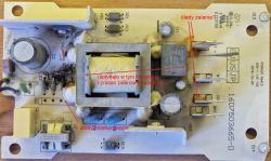 Damage on GAL 18V-40 Charger Circuit Board Damaged GAL 18V-40 charger circuit board with visible signs of liquid damage.
