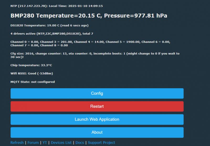 Screenshot of a control panel displaying BMP280 temperature and pressure data.