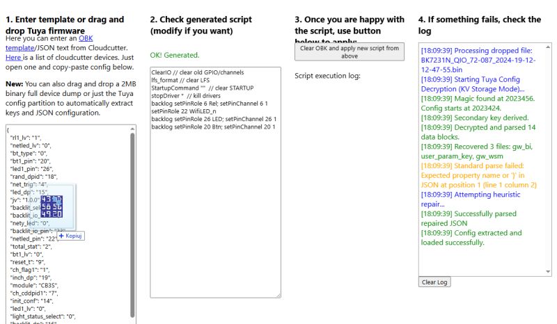 Tuya configuration interface with generated script and decoding log