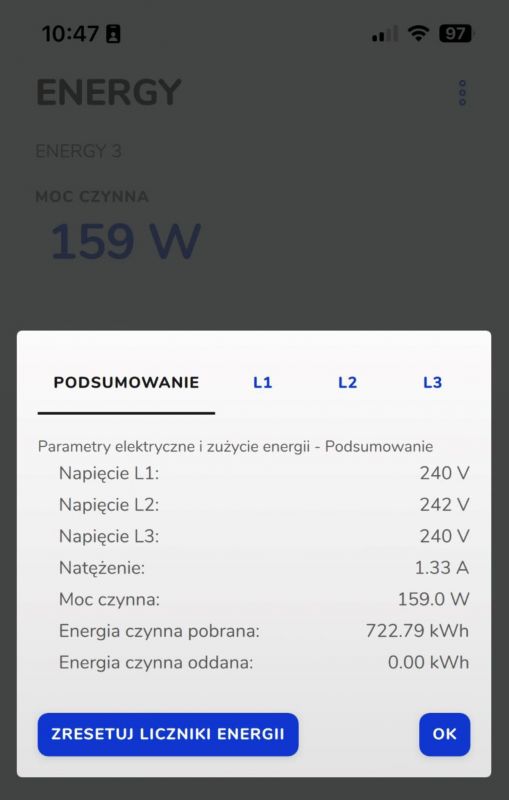 Network Parameters Overview in FOX ENERGY-3 App Screen of the FOX ENERGY-3 mobile app displaying electrical network parameters.