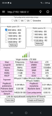 Zrzut ekranu z wynikami testów sieci Virgin Mobile na LTE 800 MHz.