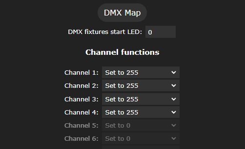 Screenshot of DMX Map with channels 1–4 set to 255 in the WLED interface