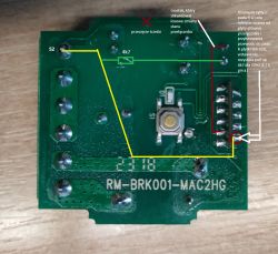 Printed circuit board with marked connections, track cut, and pull-up resistor.