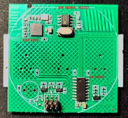 Green PCB with markings ESP 8285 and WF 480RA H2323, missing pin descriptions RX, TX, VCC, and GND.