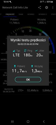 Zrzut ekranu z aplikacji Network Cell Info Lite przedstawiający wyniki testu prędkości LTE: pobieranie 11,7 Mb/s, wysyłanie 1,3 Mb/s, ping 180 ms, jitter 20 ms.