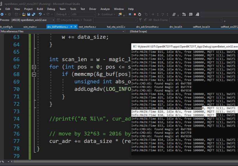 Visual Studio environment with C code and OpenBeken simulation logs shown