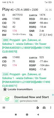 Zrzut ekranu z aplikacji NetMonster pokazujący parametry połączenia LTE-A z BTS-em w miejscowości Przyjaźń.