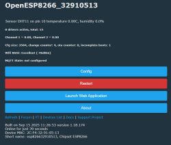 OpenESP8266 web interface showing sensor data and system status