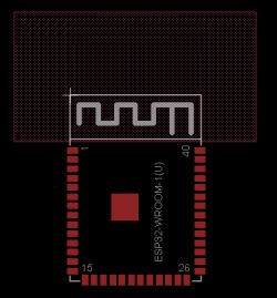 ESP32-WROOM-1(U) component in Eagle software with highlighted pins.