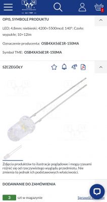 Dioda LED 5 mm, prąd 150 mA, kolor niebieski.