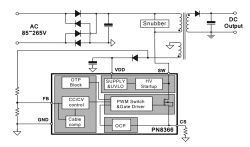 Block diagram of a flyback power supply using the PN8366 IC for low-voltage DC output from AC input.