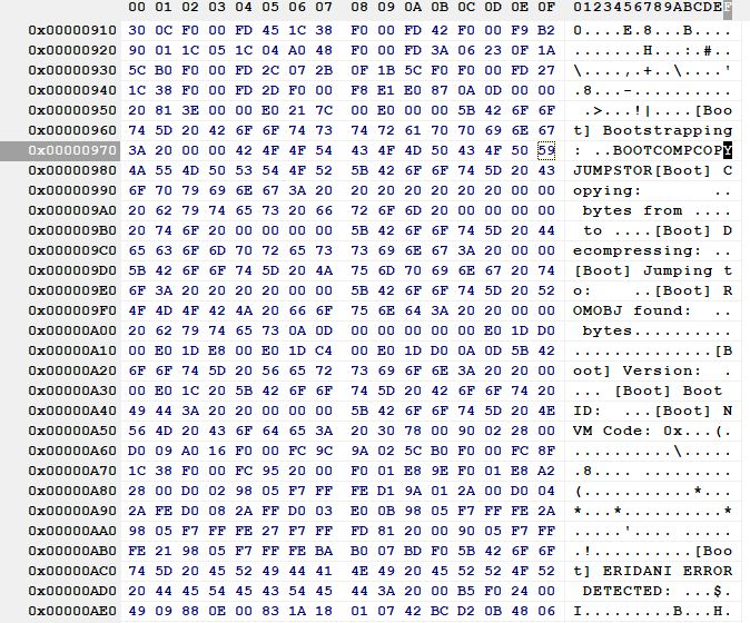 Hex dump view with ASCII column; readable strings include “Boot” and “ERIDANI ERROR DETECTED”.