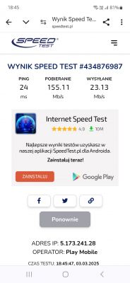 Zrzut ekranu wyniku testu prędkości Internetu z aplikacji SpeedTest.pl.