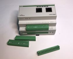 F&amp;Home building automation controller with detached green screw INPUT terminals.