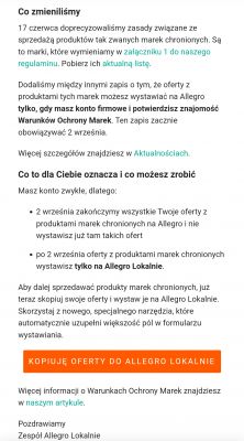 Screenshot showing Allegro's announcement regarding changes to the rules for selling protected brand products.