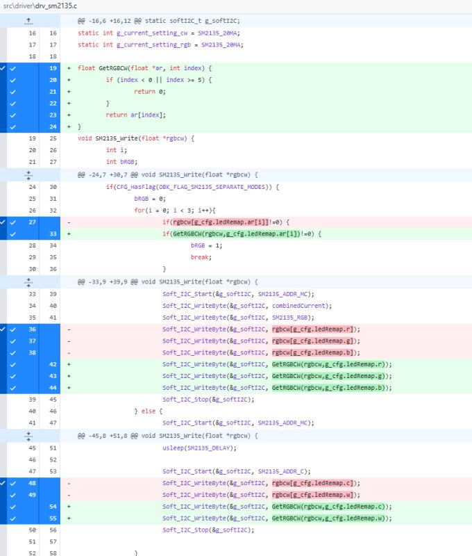 Screenshot showing a code diff in the C file highlighting the use of GetRGBCW