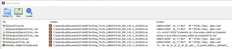 Search Results for Hi-Flying TW10x SDK Files View of search results for files in a ZIP archive related to the Hi-Flying TW10x SDK, including binary and text files.