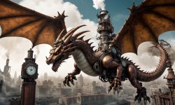 Mechanical Dragon Over Steampunk City Mechanical dragon flying over a steampunk city