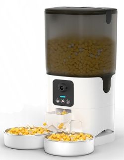 Automatic pet feeder with camera, translucent hopper, and two bowls