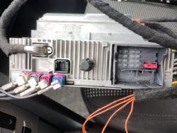 Zdjęcie tylnej części radia samochodowego z różnymi wtyczkami.