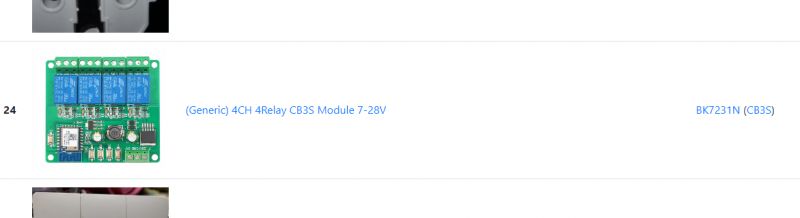 Screenshot of a device list highlighting the 4-channel 4Relay CB3S module.