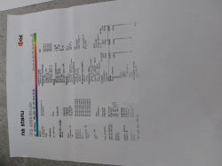 Strona testowa z drukarki leżąca na stole, wydruk częściowo niepełny, widoczny pasek kolorów i dane techniczne urządzenia Kyocera Ecosys M6530CDN.