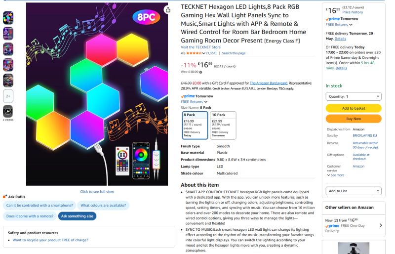 Tecknet TK-WL001 hexagon lights: unknown Bluetooth chip - internal/external device pics