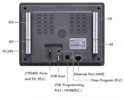 Panel HMI z wbudowanym PLC z widocznymi portami i etykietami.