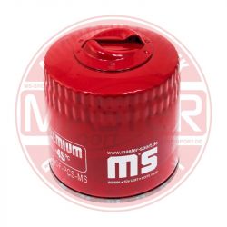 Red oil filter by MS with a raised handle on top.
