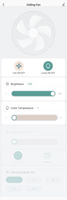 Ceiling Fan Control Interface App screen for controlling a ceiling fan and light dimmer remotely.
