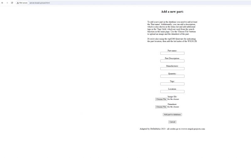 Part Addition Form for Database Form for adding a new part to the database on a webpage.