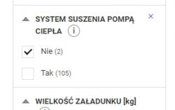 Section of a menu with filter options for heat pump drying system and load size.