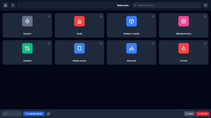 Application interface screen with electronic component category tiles.
