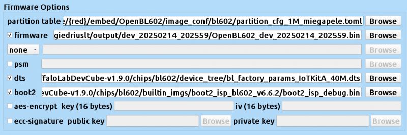 Firmware options for OpenBL602 with various configuration file paths and settings.