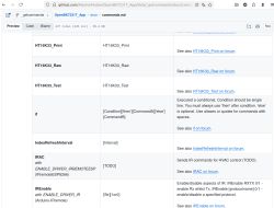 GitHub screenshot showing commands.md preview with a table of commands like HT16K33_Print, if, and IREnable