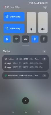 Zrzut ekranu telefonu z aplikacją NetMonster pokazującą sygnał sieci Orange -100 dBm.