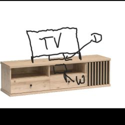 Szafka RTV z telewizorem i szkicem strzałek wskazujących dekoder i wzmacniacz