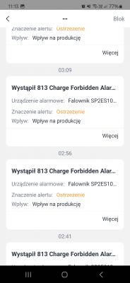 Screenshot of an app displaying 813 Charge Forbidden Alarm warnings for inverter SP2ES10.