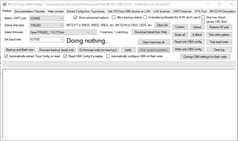 Screenshot of BK7231 Easy UART Flasher with TR6260 and COM46 selected, status “Doing nothing..”