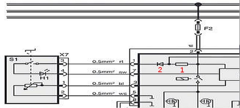 Fragment schematu elektrycznego z oznaczoną diodą (2) i opornikiem (1)
