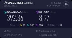 Wynik testu prędkości sieci 5G z urządzenia iPhone 14 Pro z siecią Play