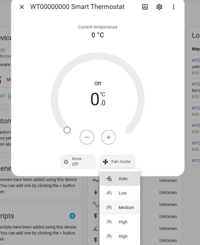 Smart thermostat control panel with current temperature 0°C and fan mode menu open.