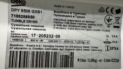 Etykieta identyfikacyjna suszarki bębnowej Beko DPY 8506 GXB1.