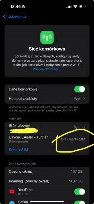 Ekran ustawień sieci komórkowej na iPhonie z informacją Brak karty SIM.