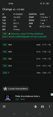 Ekran z aplikacji HManager z informacjami o sygnale LTE 800 dla operatora Orange.