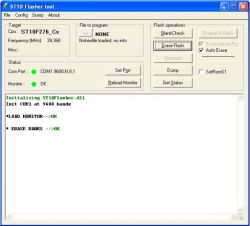 Interfejs programu ST10 Flasher tool w trakcie działania, pokazujący status połączenia i operacje na pamięci flash.