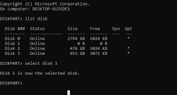 Screenshot from diskpart showing a list of disks.