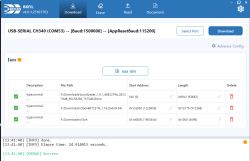 Screenshot of BEKEN BKFIL showing BIN file list and a “Success” log message.